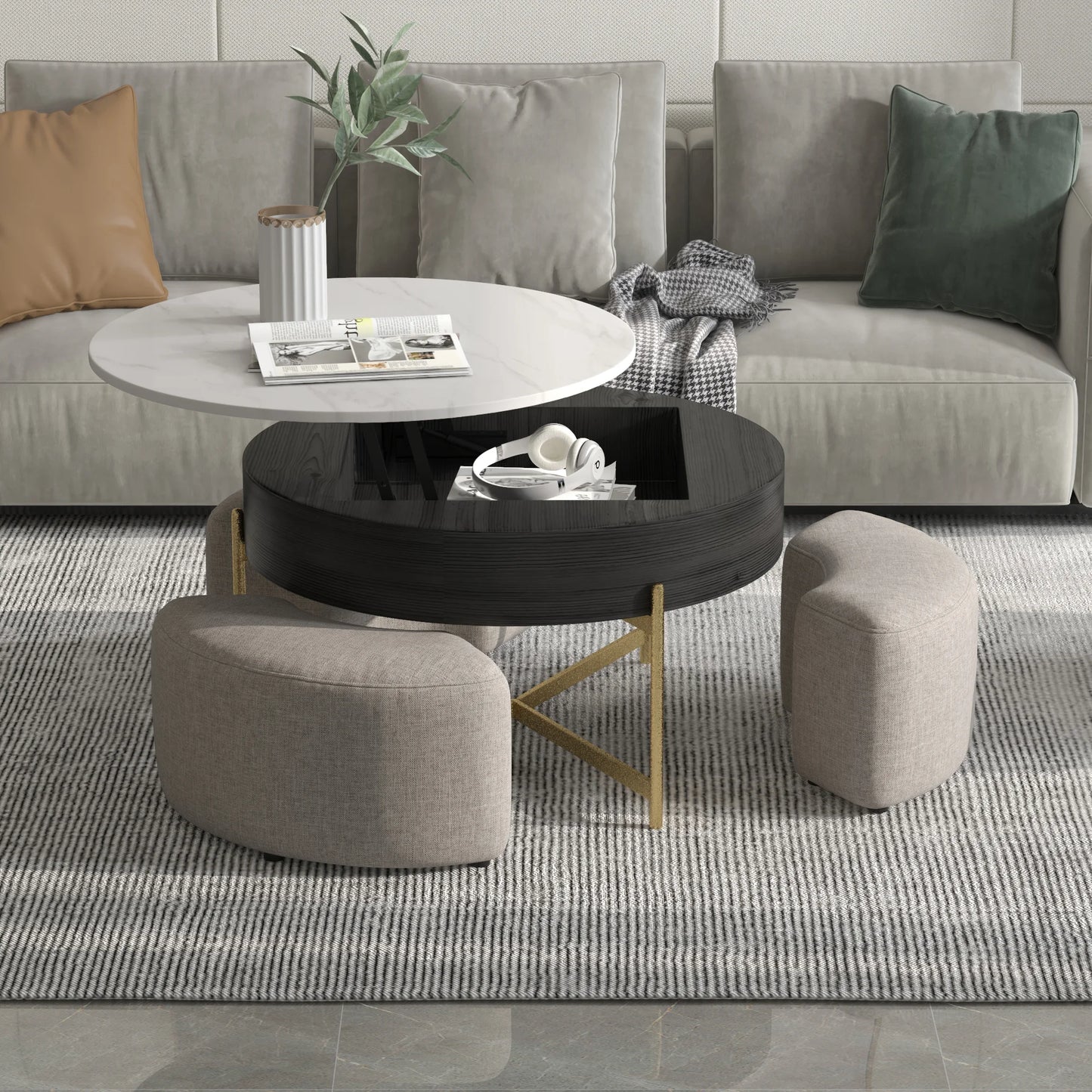 Aero Sintered Stone Coffee Table | 32" Monochrome Round With 3 Stools