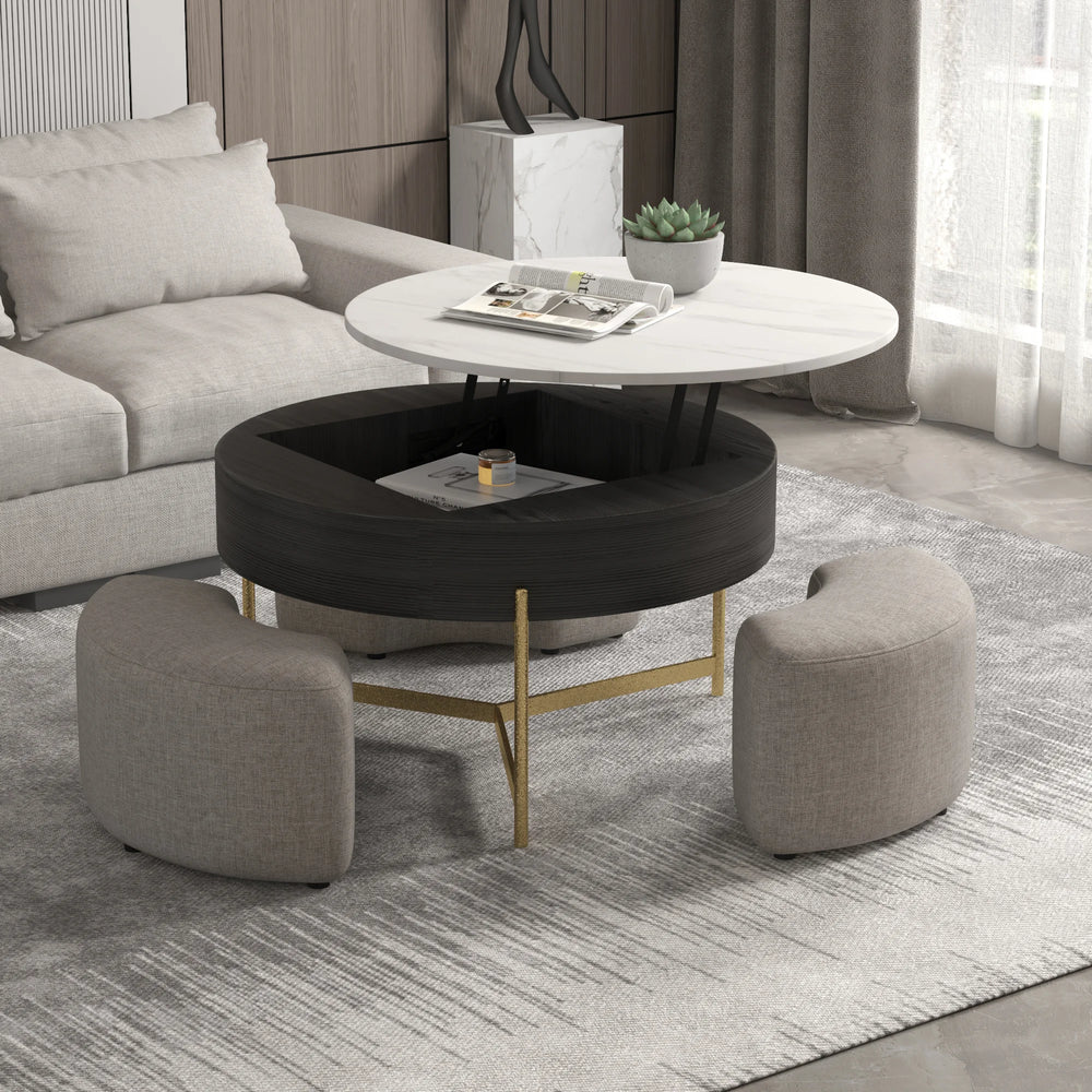 Aero Sintered Stone Coffee Table | 32" Monochrome Round With 3 Stools