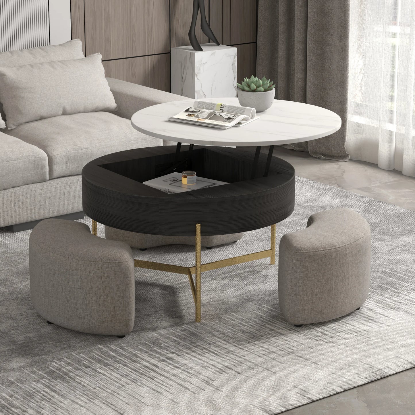 Aero Sintered Stone Coffee Table | 32" Monochrome Round With 3 Stools