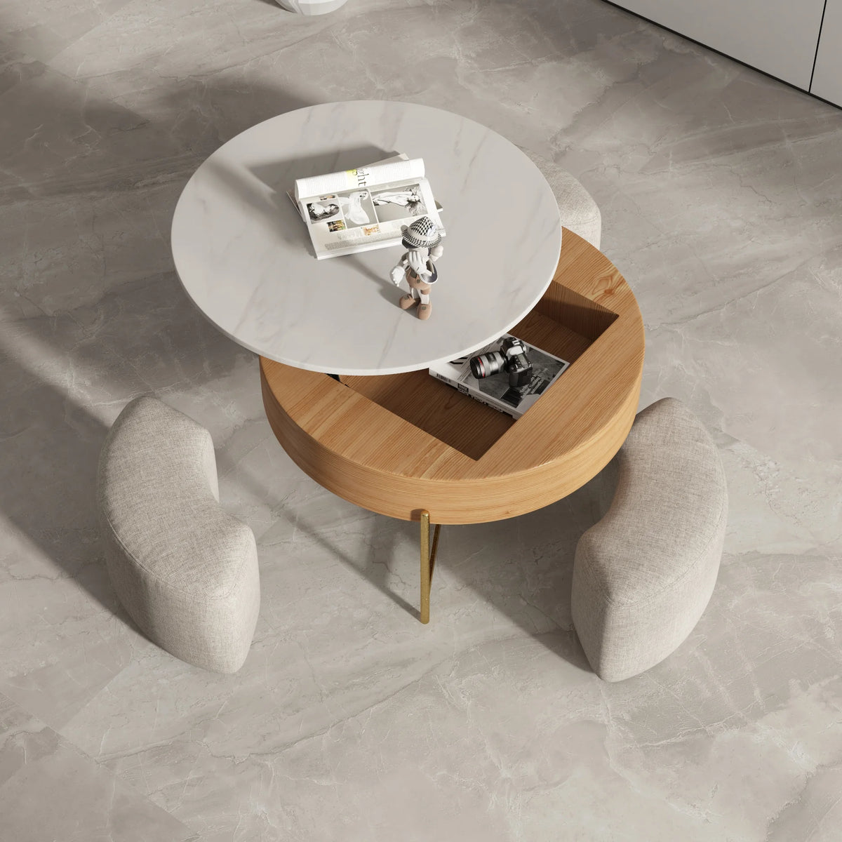 Aero Sintered Stone Coffee Table | 32" Walnut Round With 3 Stools