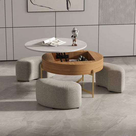 Aero Sintered Stone Coffee Table | 32" Walnut Round With 3 Stools