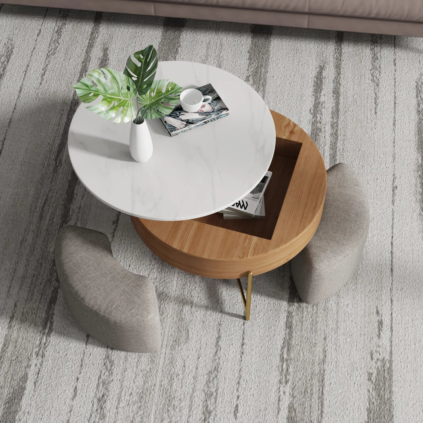 Aero Sintered Stone Coffee Table | 32" Walnut Round With 3 Stools