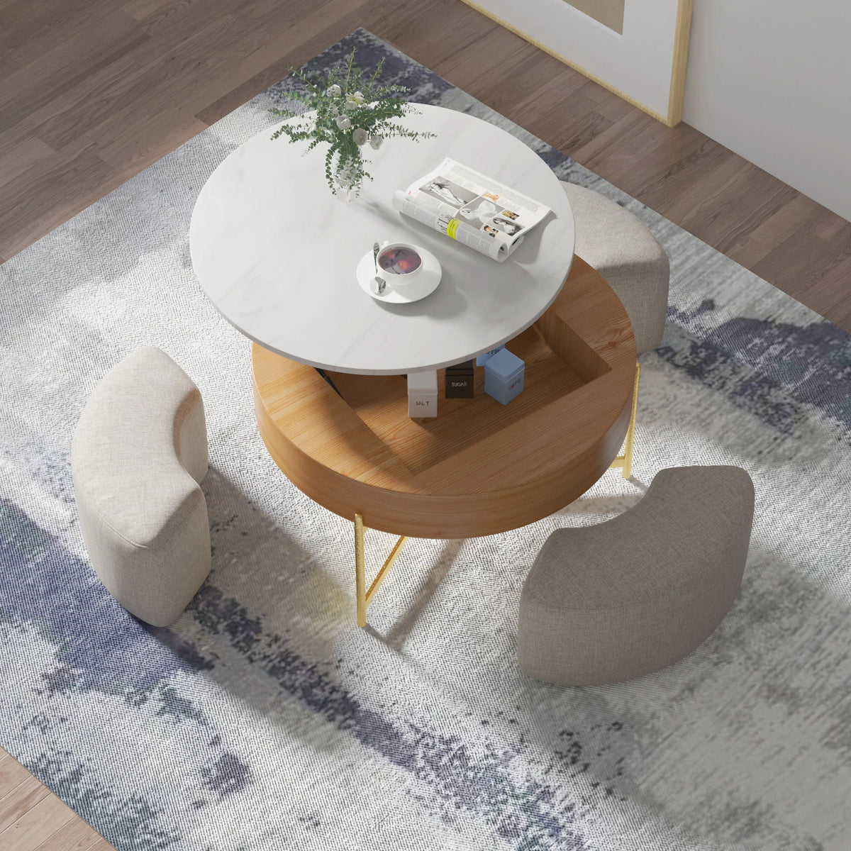Aero Sintered Stone Coffee Table | 32" Walnut Round With 3 Stools