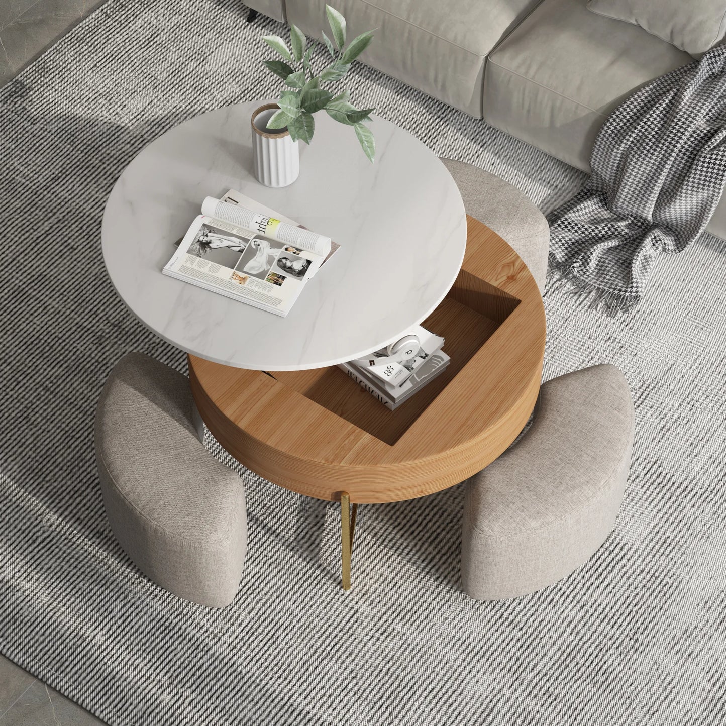 Aero Sintered Stone Coffee Table | 32" Walnut Round With 3 Stools