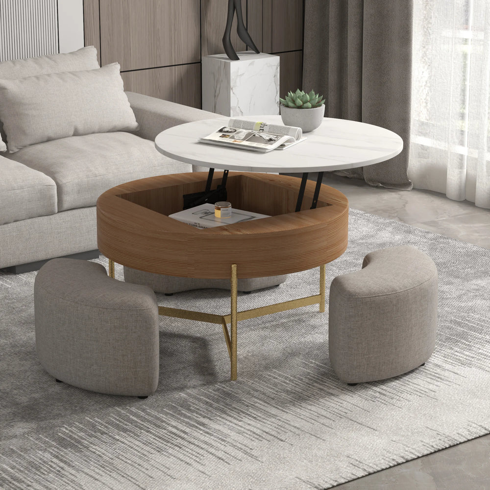 Aero Sintered Stone Coffee Table | 32" Walnut Round With 3 Stools
