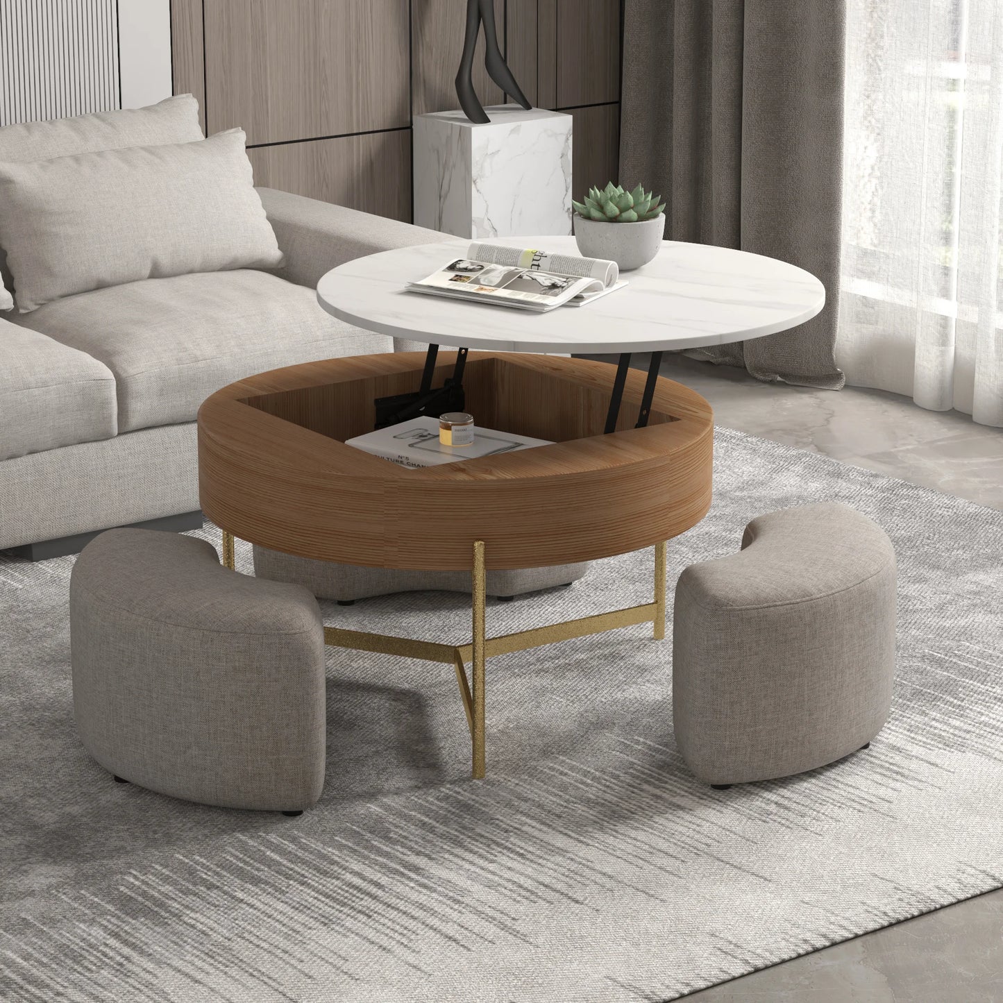 Aero Sintered Stone Coffee Table | 32" Walnut Round With 3 Stools