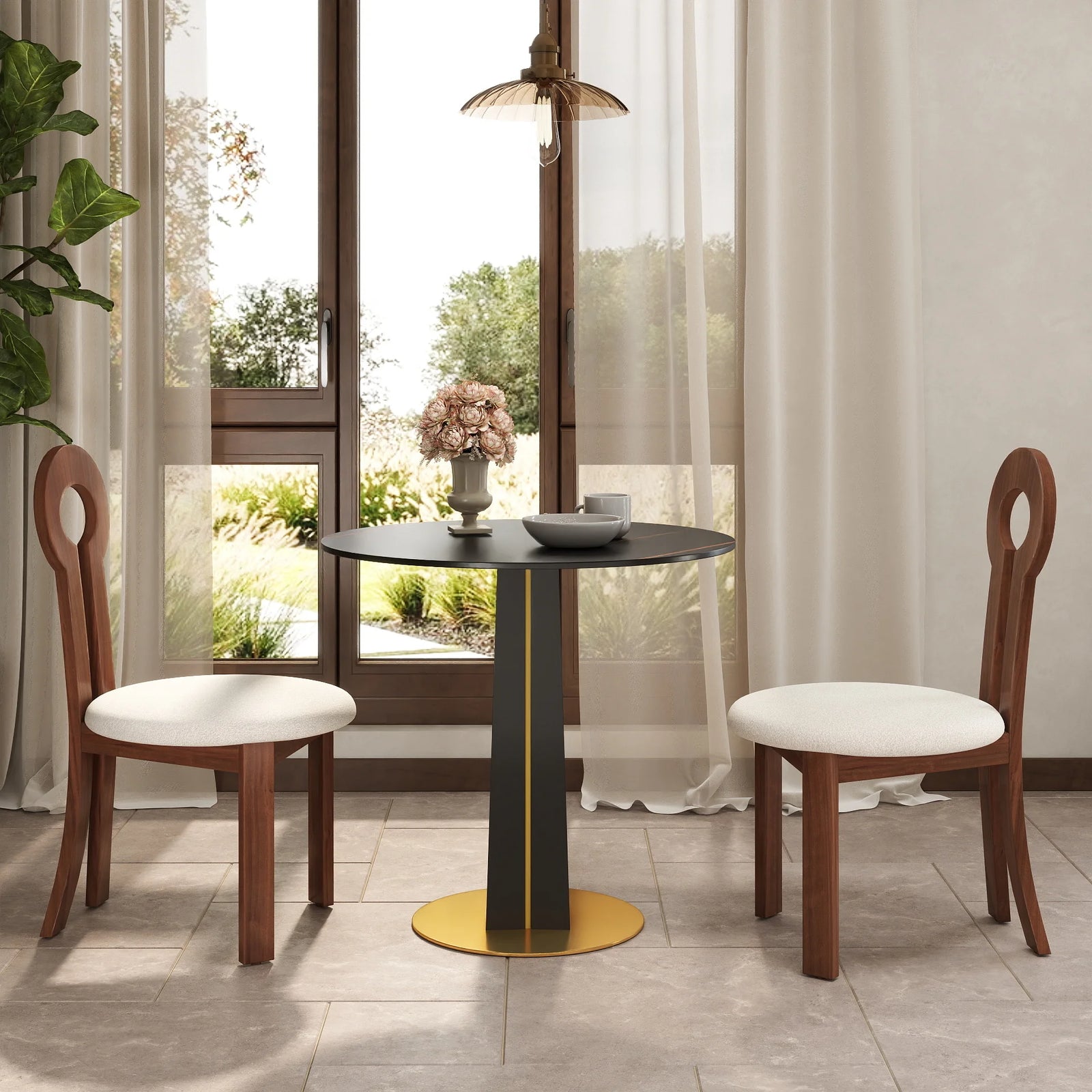 Mesa de bistró Nero de piedra sinterizada | Redonda negra de 86 cm con base de madera