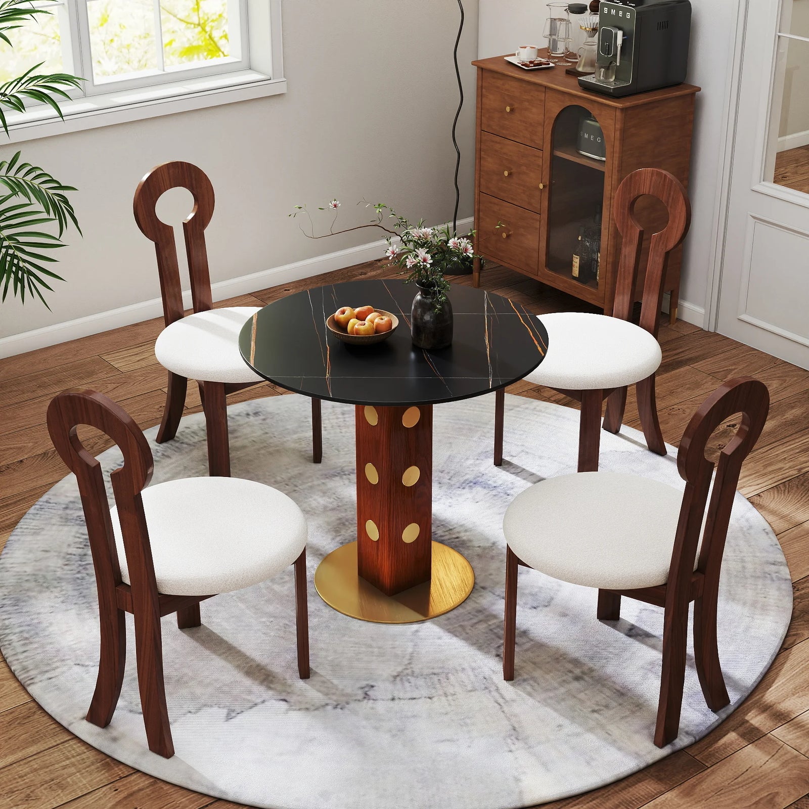 Mesa de bistró Nero de piedra sinterizada | Redonda negra de 86 cm con base de madera