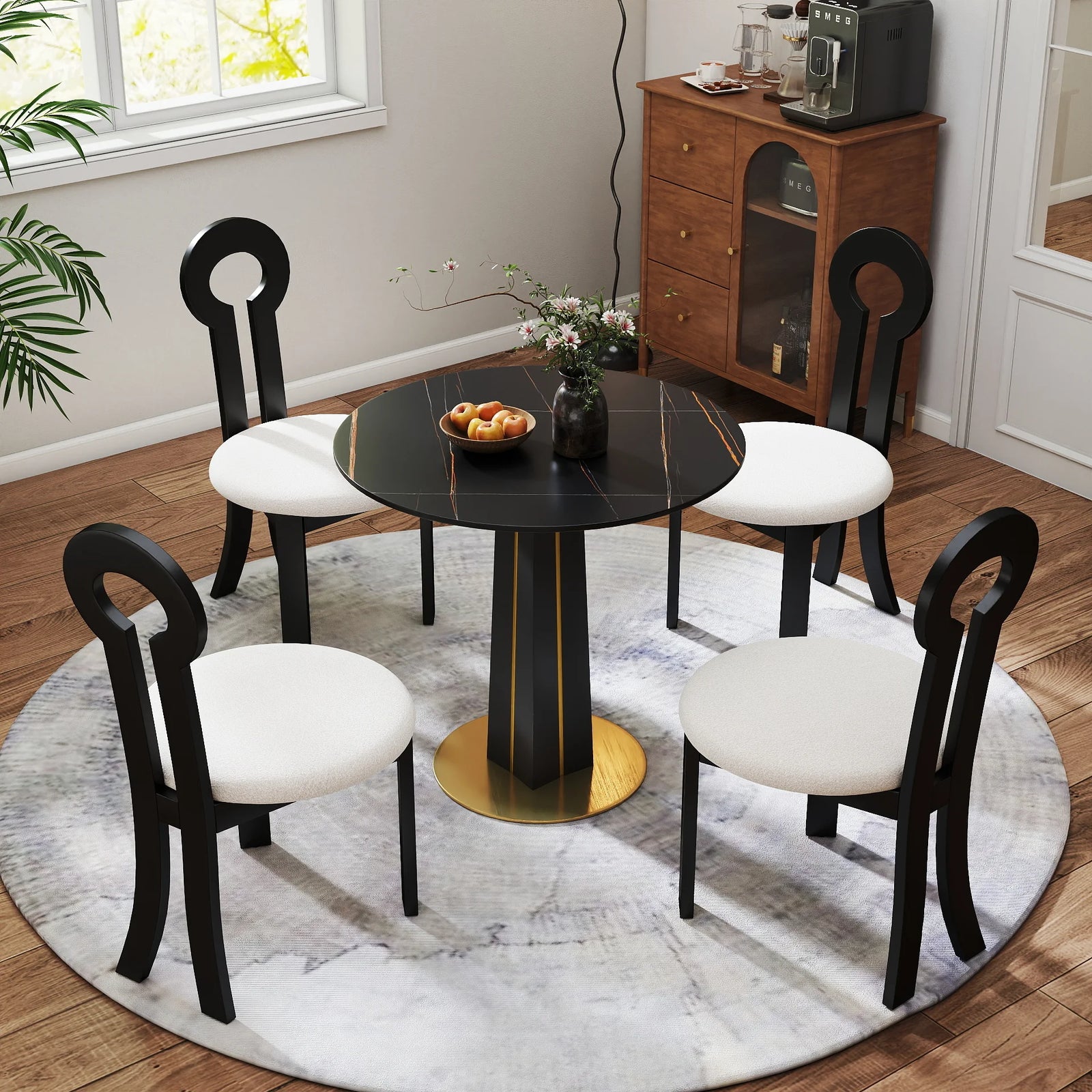 Mesa de bistró Nero de piedra sinterizada | Redonda negra de 86 cm con base de madera