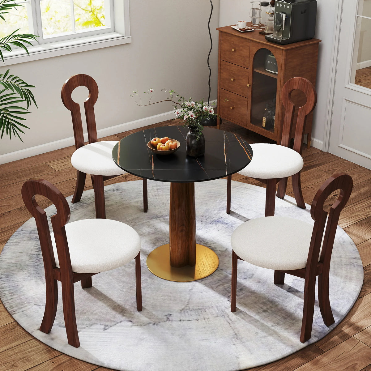 Mesa de bistró Nero de piedra sinterizada | Redonda negra de 86 cm con base de madera