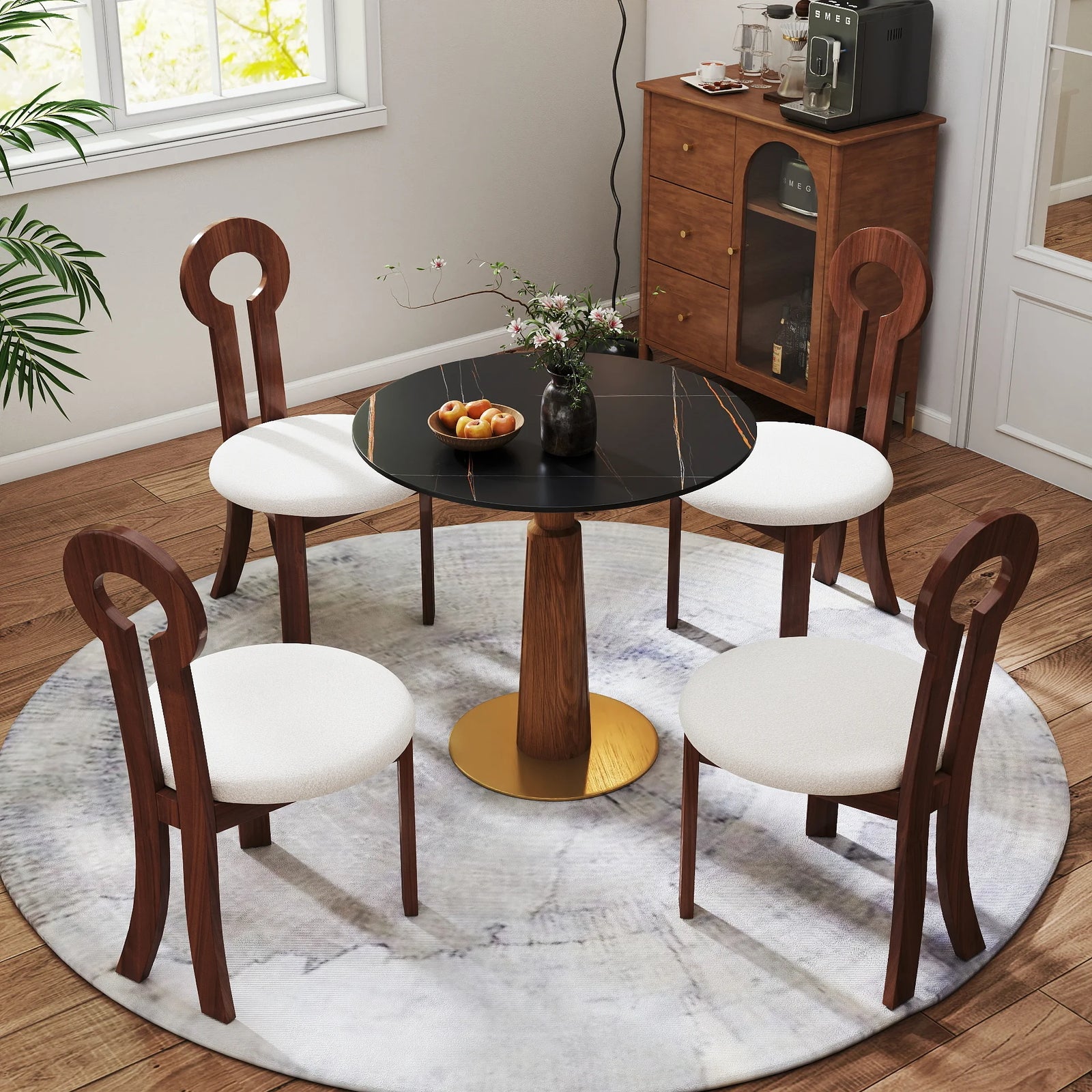 Mesa de bistró Nero de piedra sinterizada | Redonda negra de 86 cm con base de madera