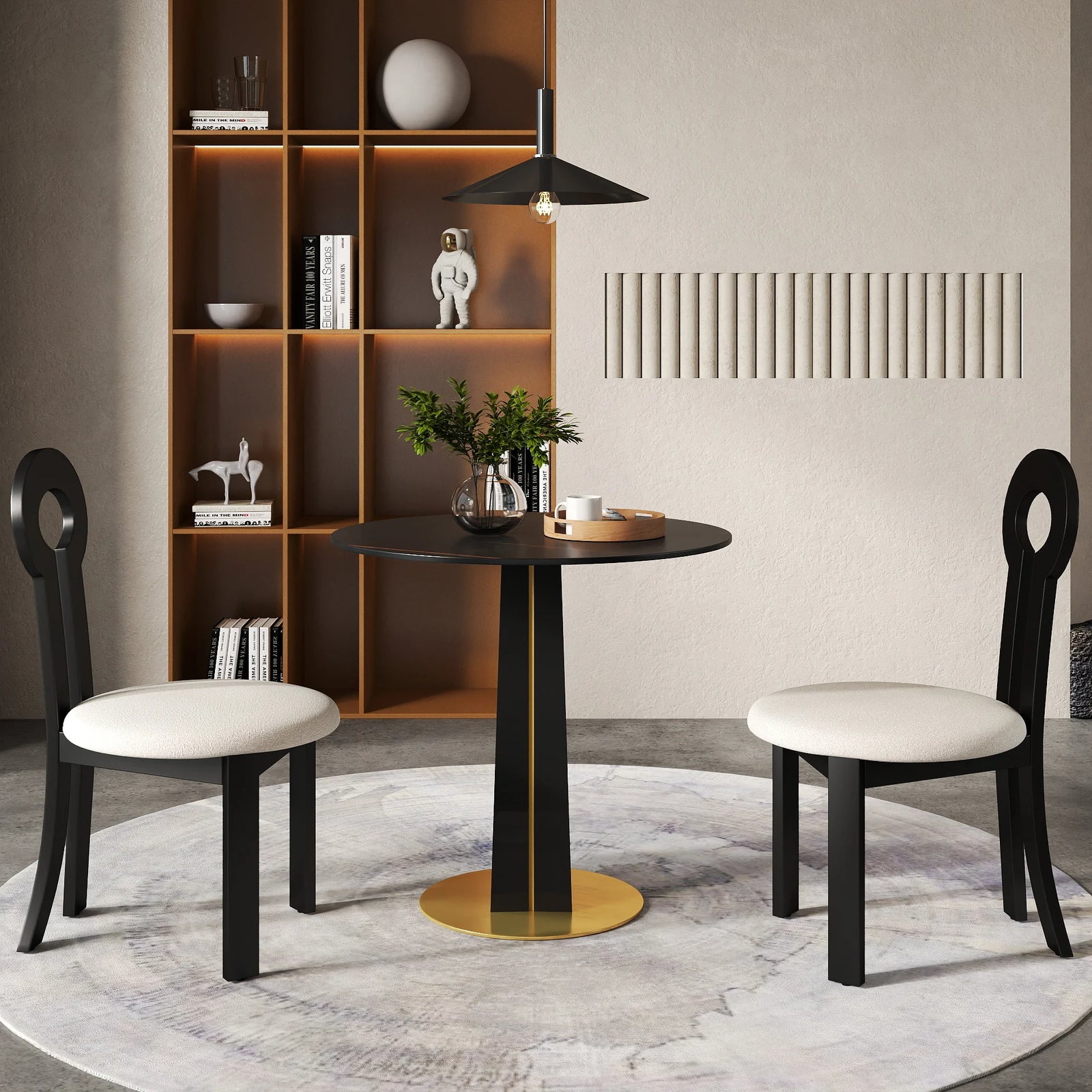 Mesa de bistró Nero de piedra sinterizada | Redonda negra de 86 cm con base de madera