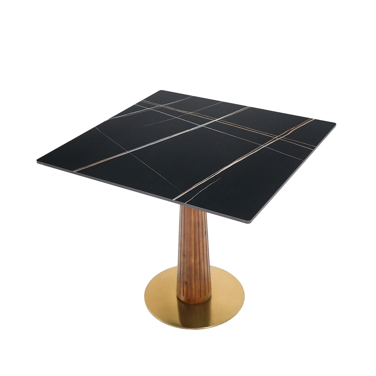 Mesa de bistró Nero de piedra sinterizada | Cuadrada negra de 86 cm con base de madera