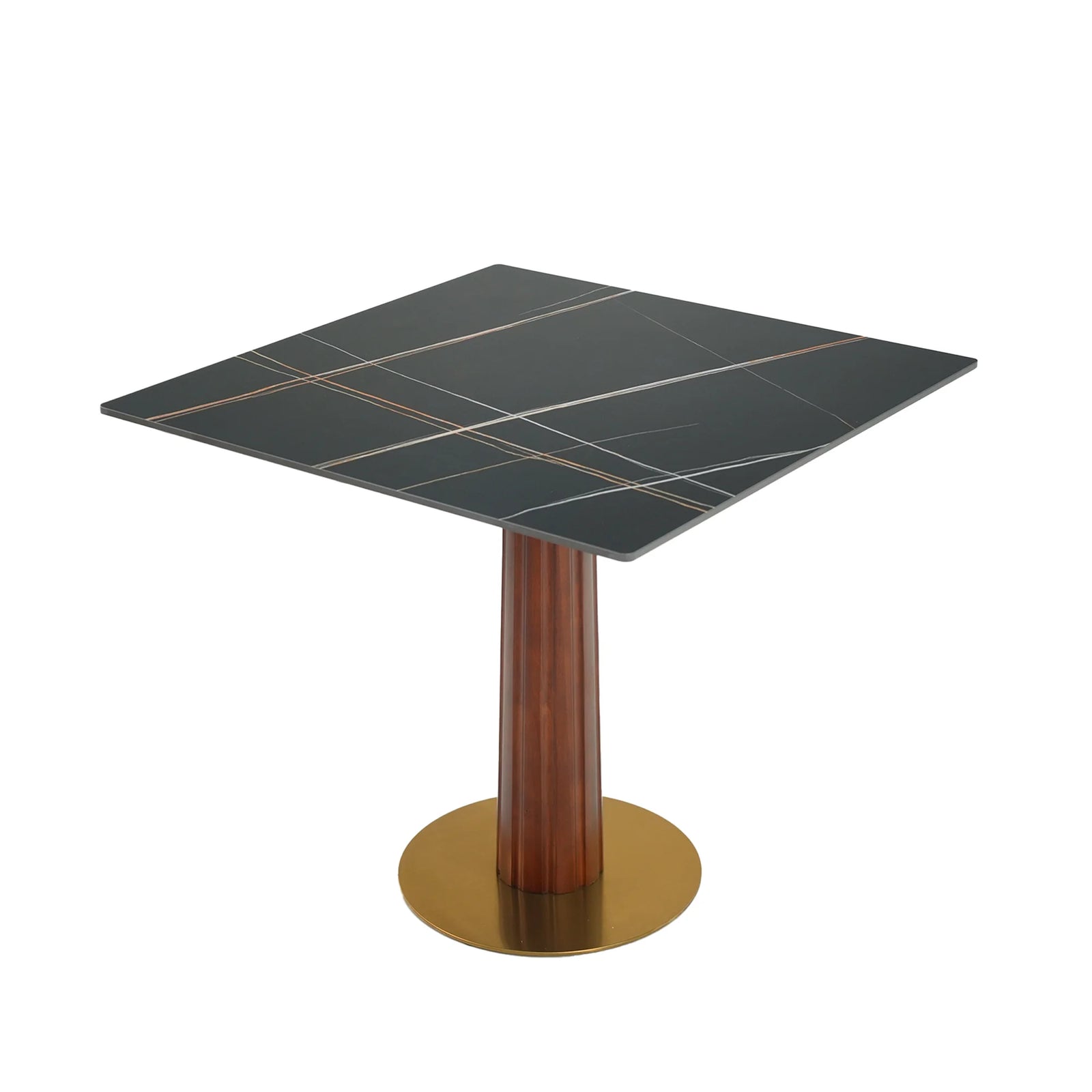 Mesa de bistró Nero de piedra sinterizada | Cuadrada negra de 86 cm con base de madera