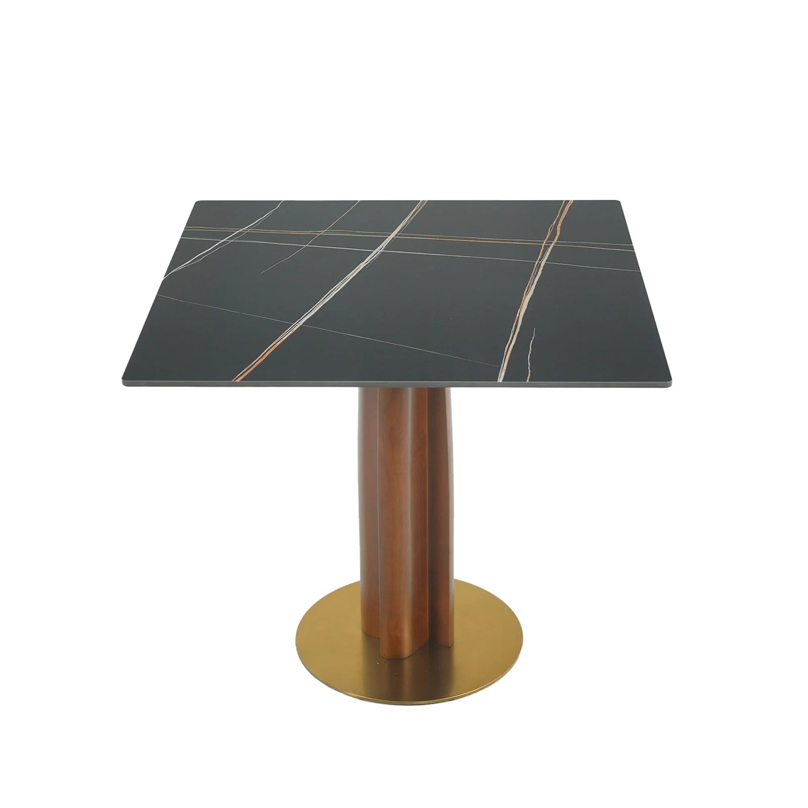 Mesa de bistró Nero de piedra sinterizada | Cuadrada negra de 86 cm con base de madera
