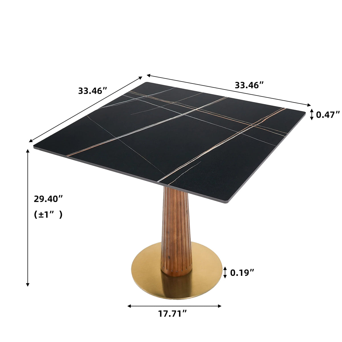Mesa de bistró Nero de piedra sinterizada | Cuadrada negra de 86 cm con base de madera