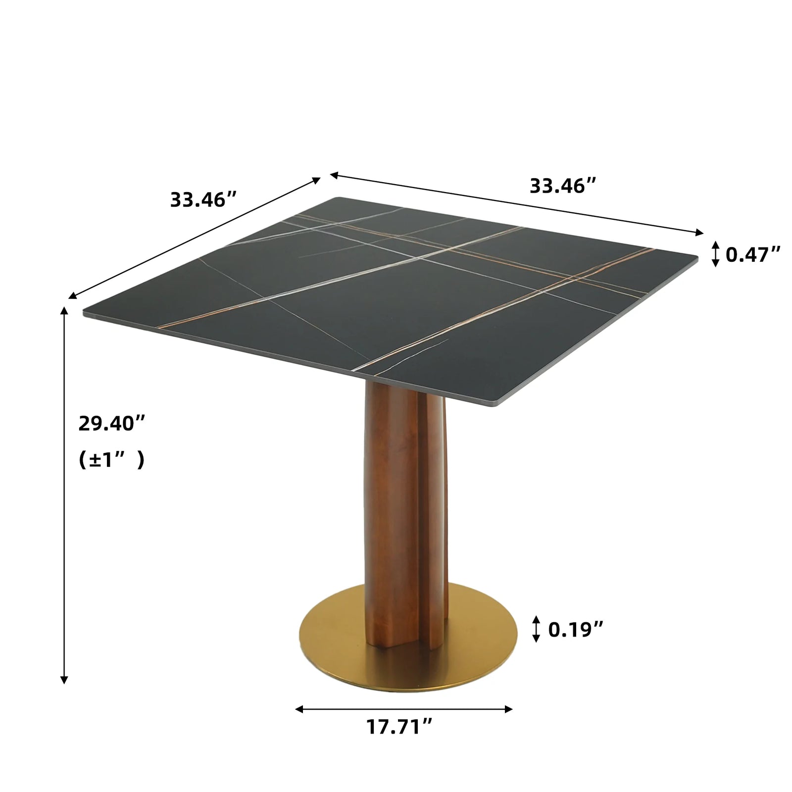 Mesa de bistró Nero de piedra sinterizada | Cuadrada negra de 86 cm con base de madera