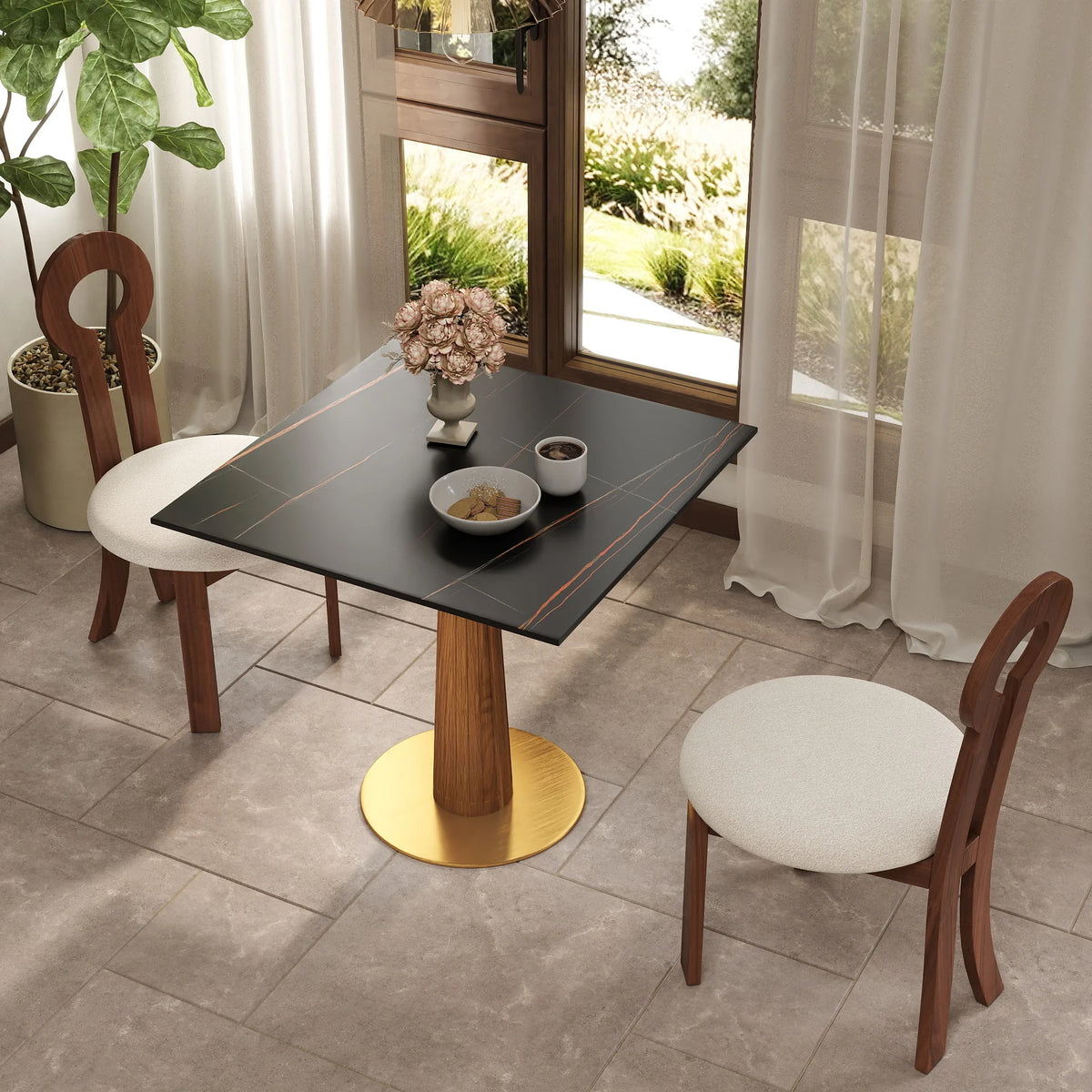 Mesa de bistró Nero de piedra sinterizada | Cuadrada negra de 86 cm con base de madera