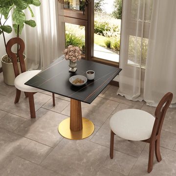 Mesa de bistró Nero de piedra sinterizada | Cuadrada negra de 86 cm con base de madera
