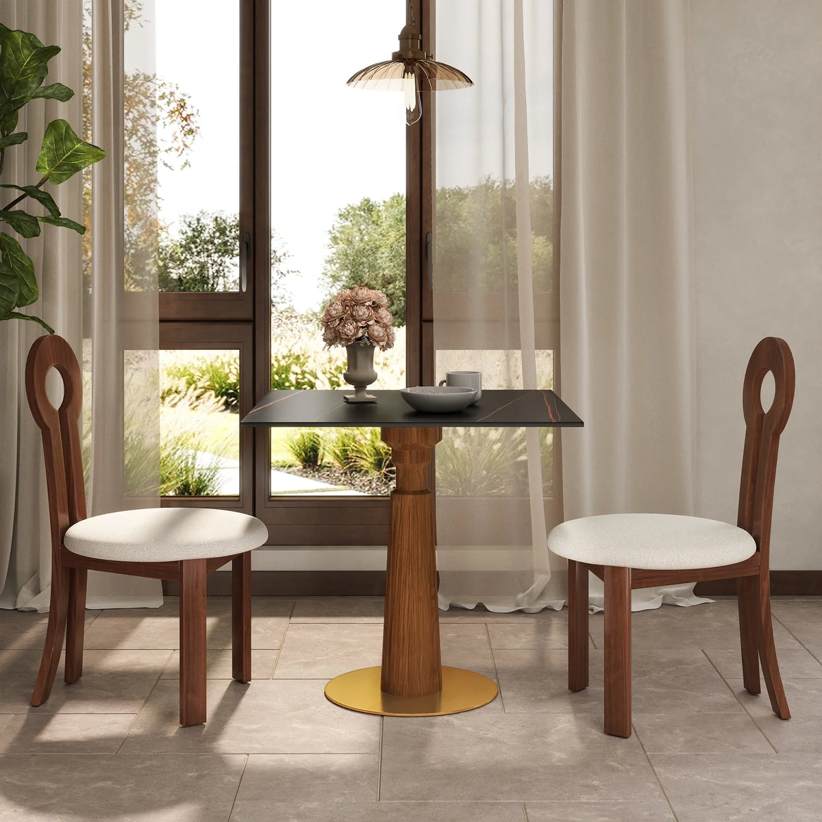 Mesa de bistró Nero de piedra sinterizada | Cuadrada negra de 86 cm con base de madera