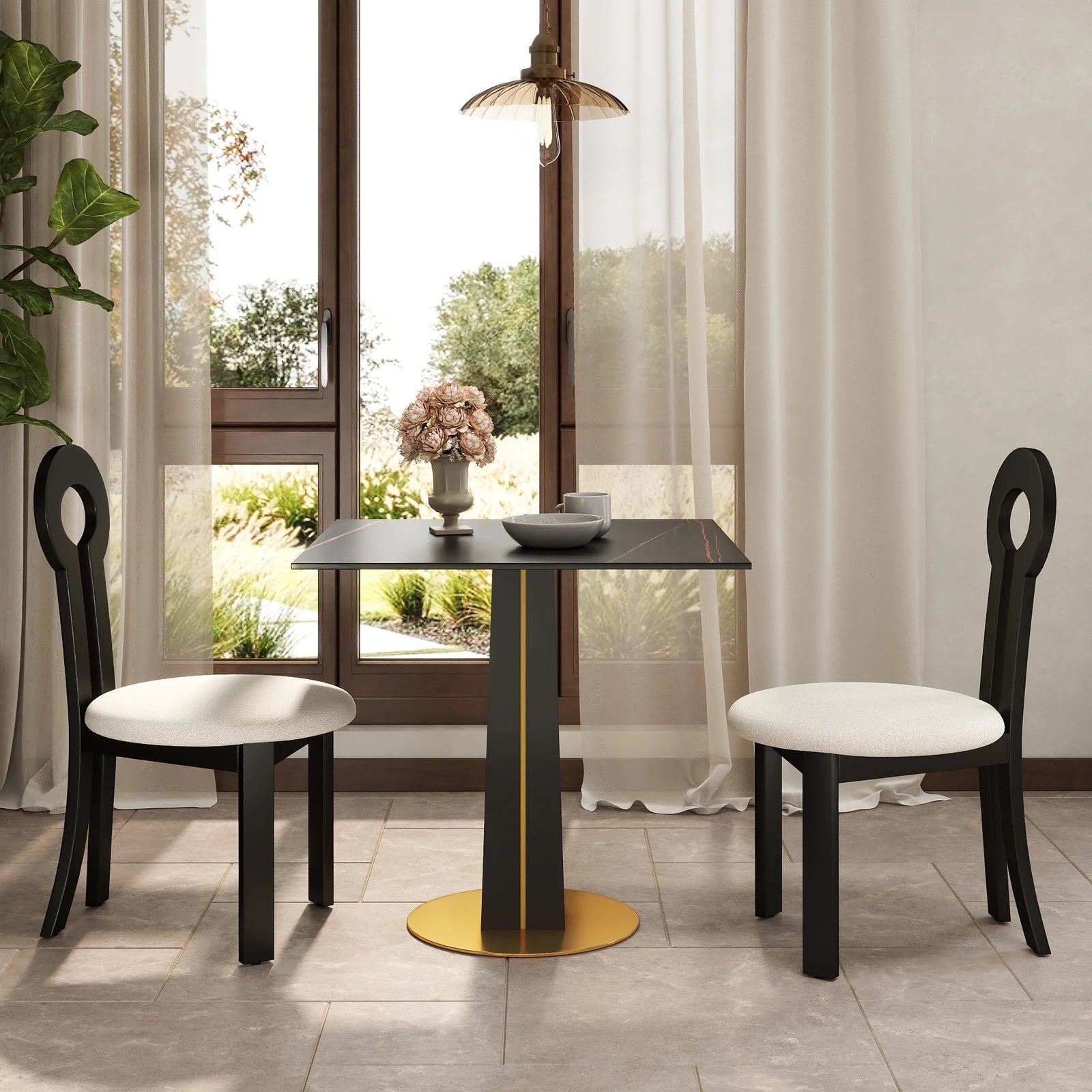 Mesa de bistró Nero de piedra sinterizada | Cuadrada negra de 86 cm con base de madera
