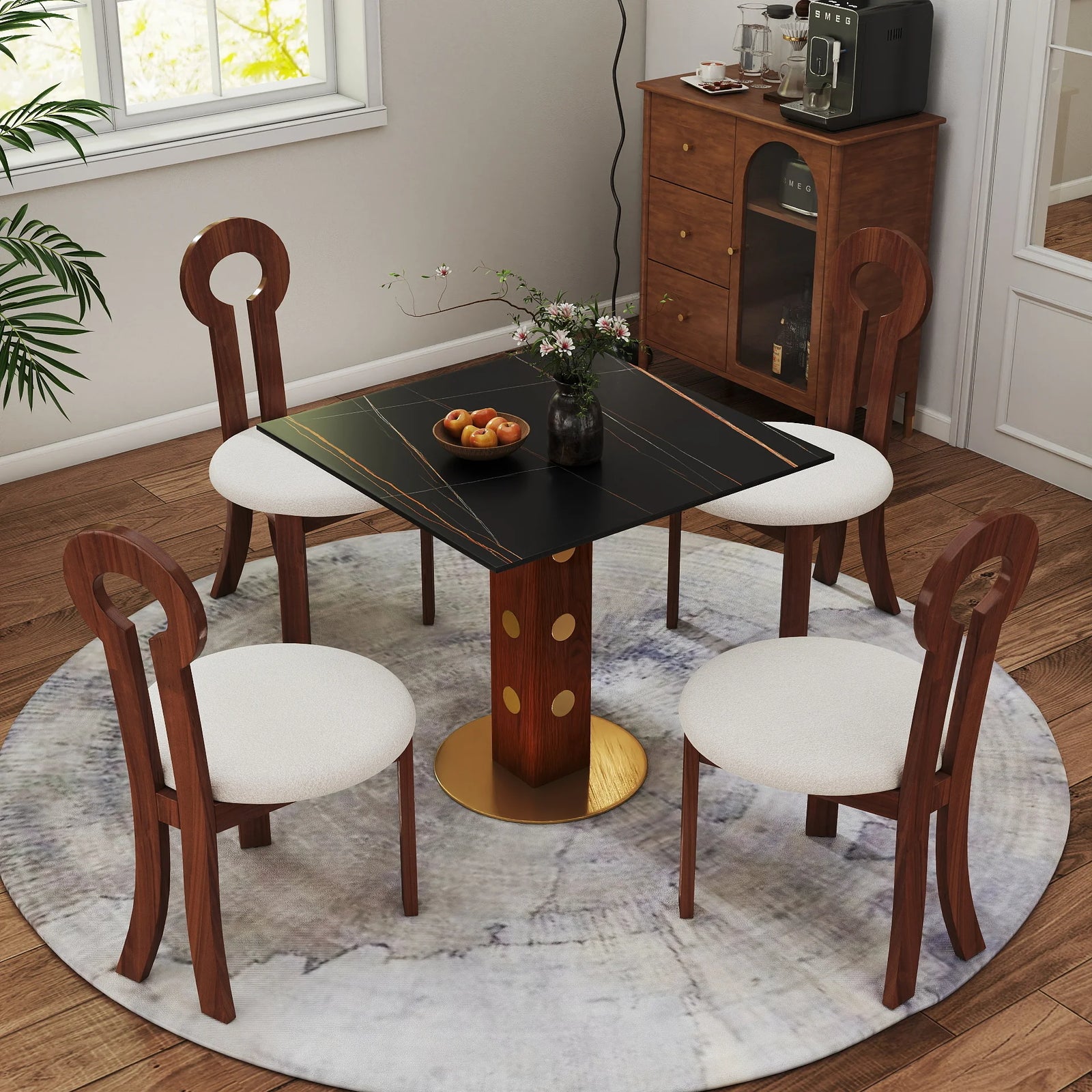 Mesa de bistró Nero de piedra sinterizada | Cuadrada negra de 86 cm con base de madera