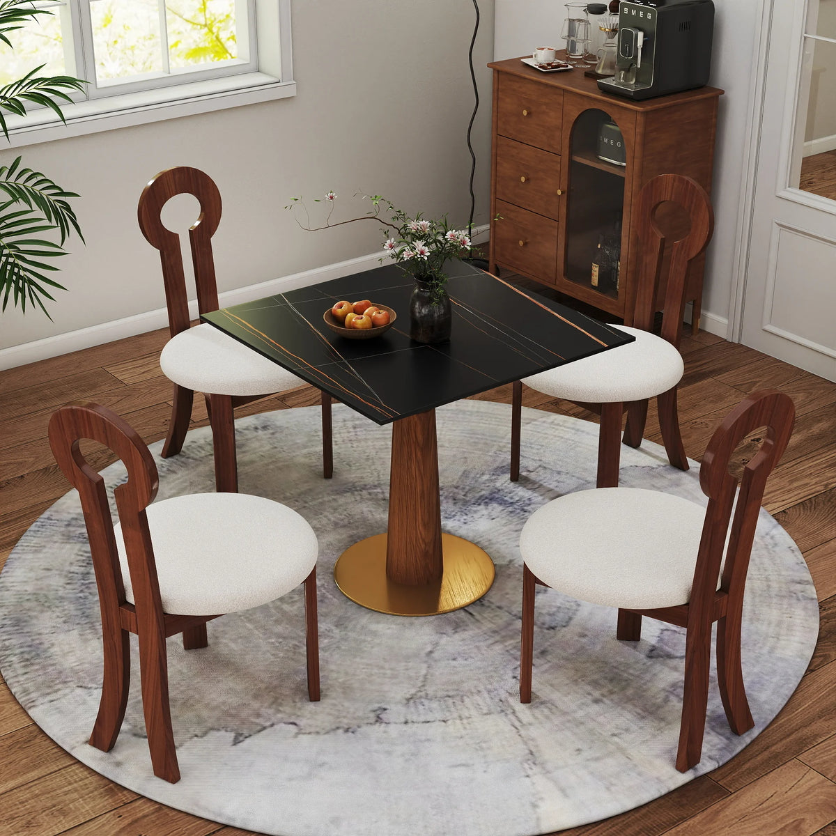 Mesa de bistró Nero de piedra sinterizada | Cuadrada negra de 86 cm con base de madera
