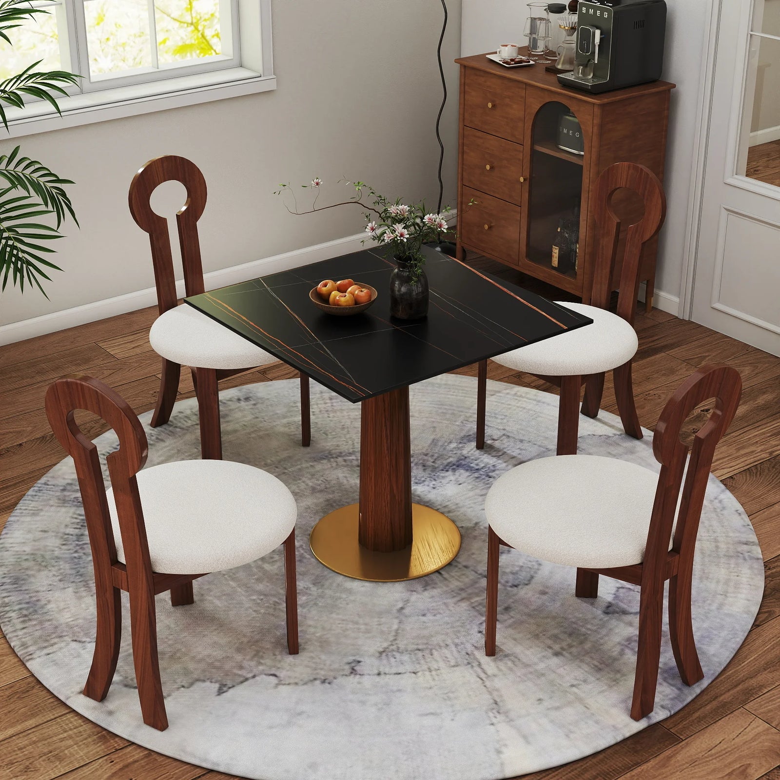 Mesa de bistró Nero de piedra sinterizada | Cuadrada negra de 86 cm con base de madera