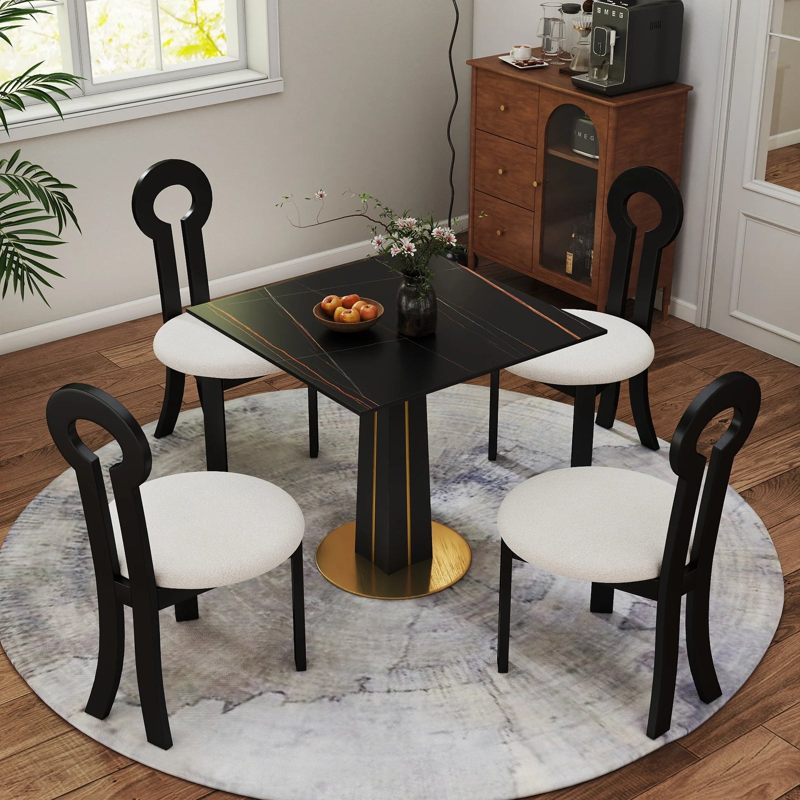 Mesa de bistró Nero de piedra sinterizada | Cuadrada negra de 86 cm con base de madera
