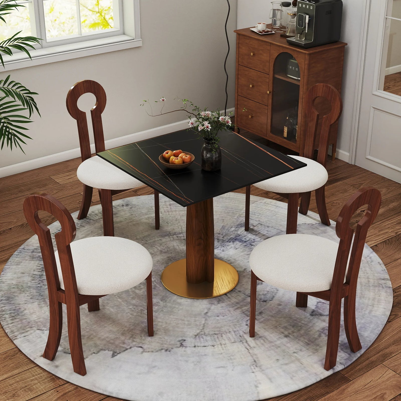 Mesa de bistró Nero de piedra sinterizada | Cuadrada negra de 86 cm con base de madera