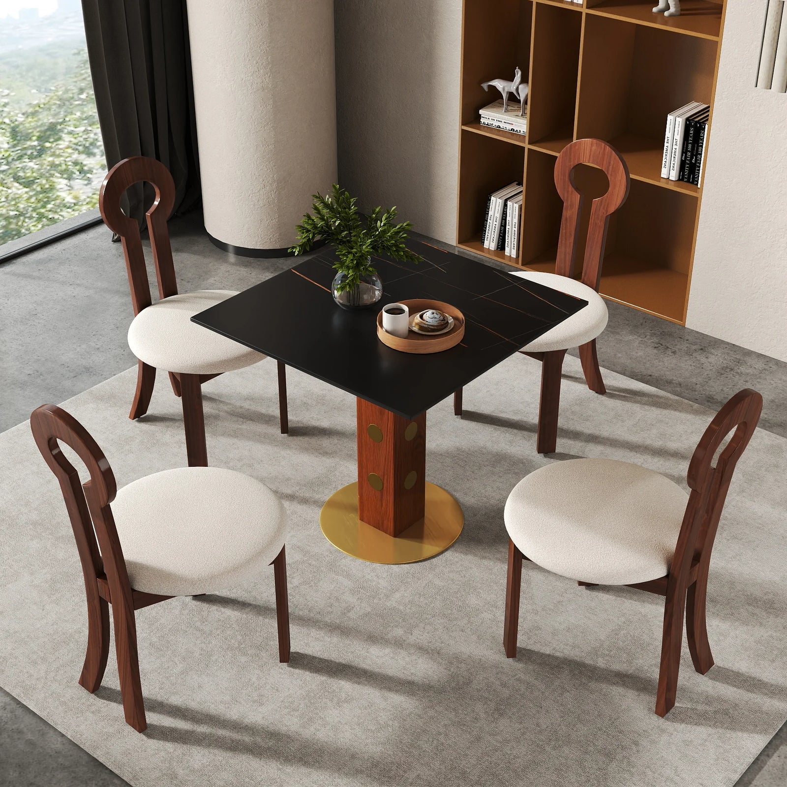 Mesa de bistró Nero de piedra sinterizada | Cuadrada negra de 86 cm con base de madera