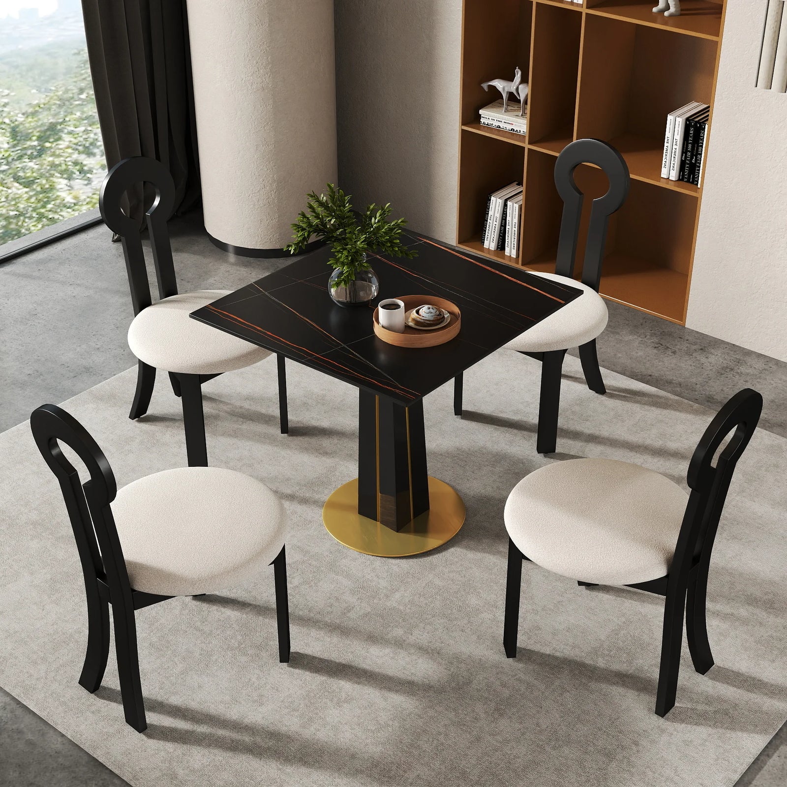 Mesa de bistró Nero de piedra sinterizada | Cuadrada negra de 86 cm con base de madera
