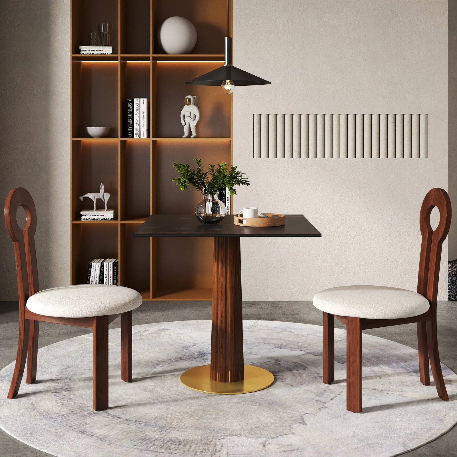 Mesa de bistró Nero de piedra sinterizada | Cuadrada negra de 86 cm con base de madera