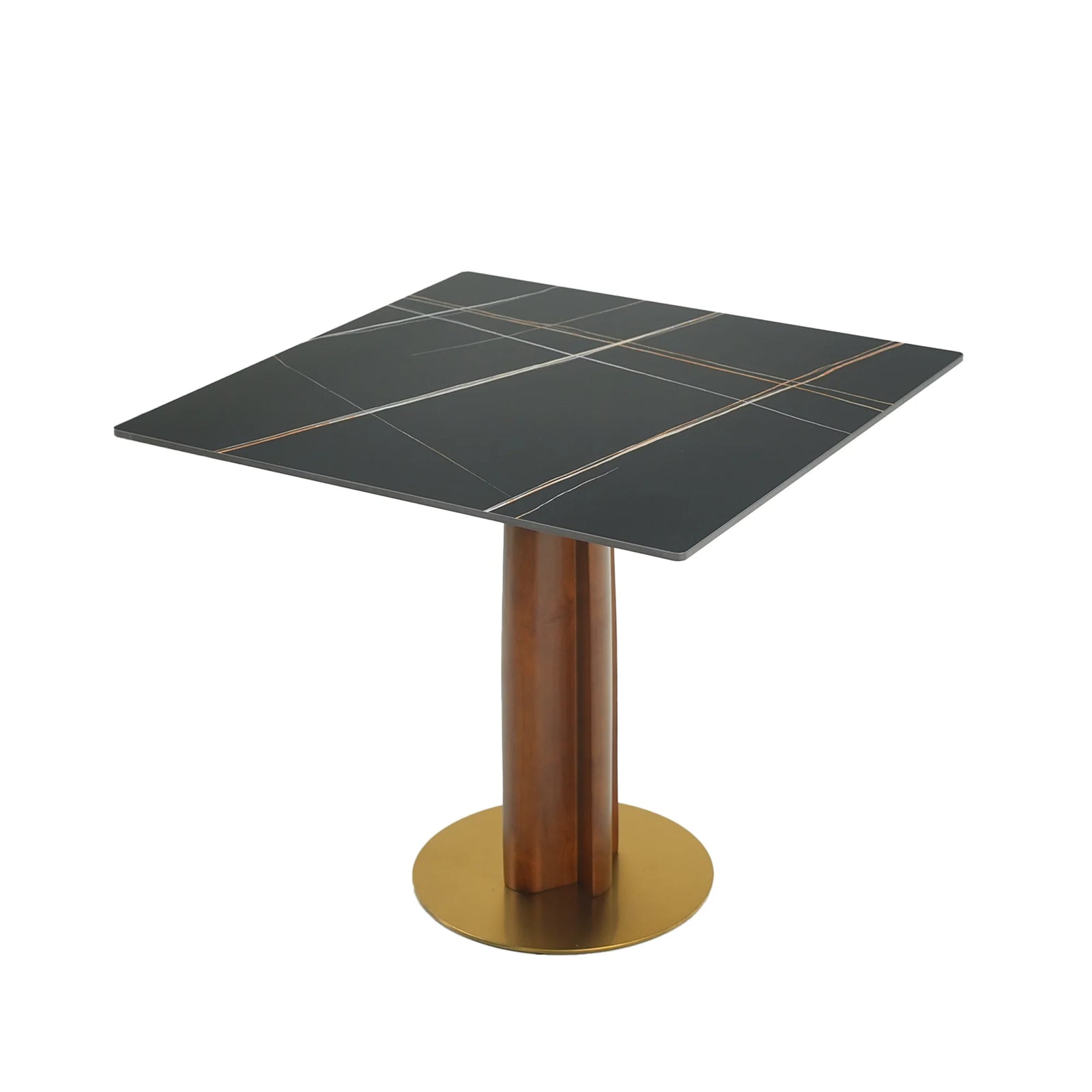 Mesa de bistró Nero de piedra sinterizada | Cuadrada negra de 86 cm con base de madera