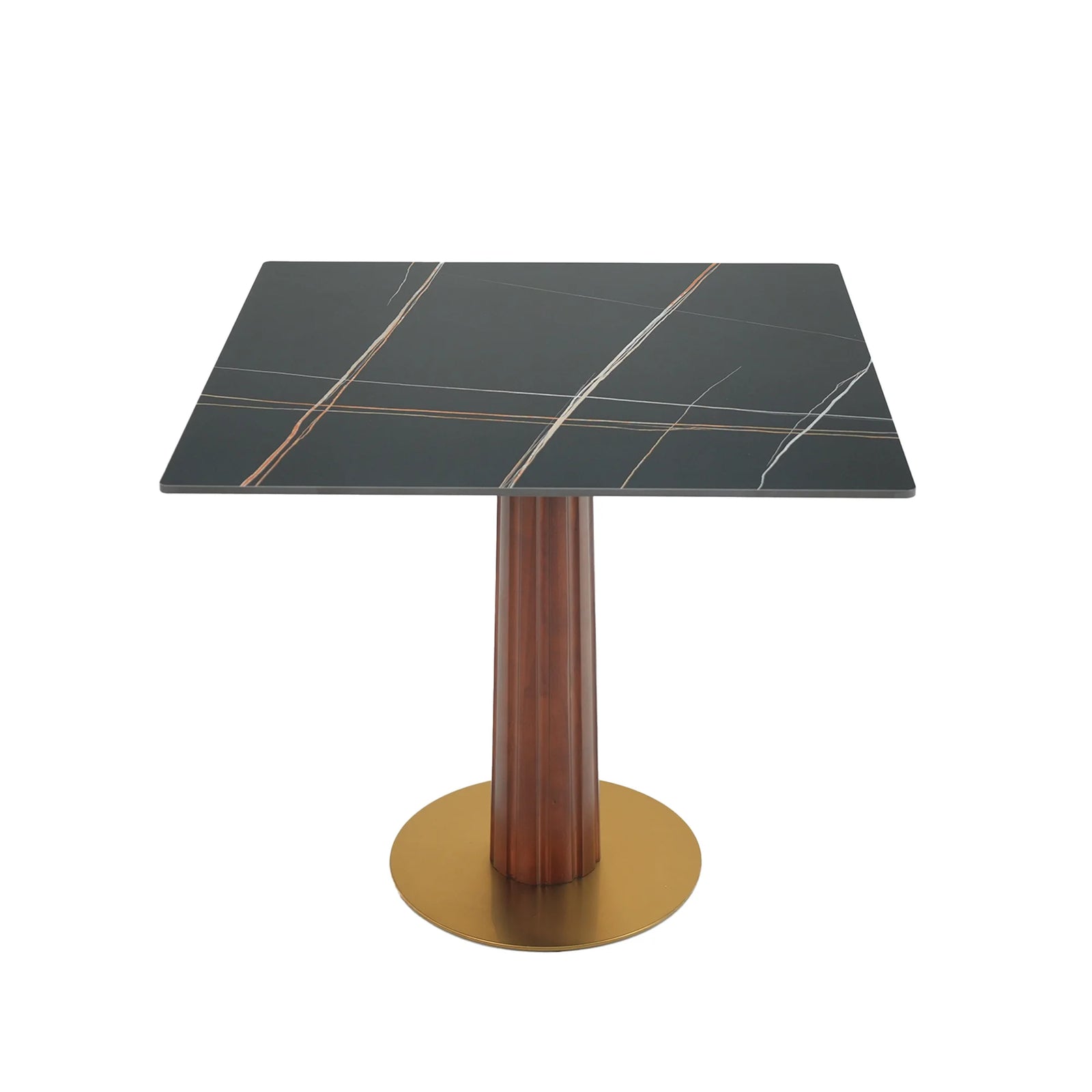 Mesa de bistró Nero de piedra sinterizada | Cuadrada negra de 86 cm con base de madera