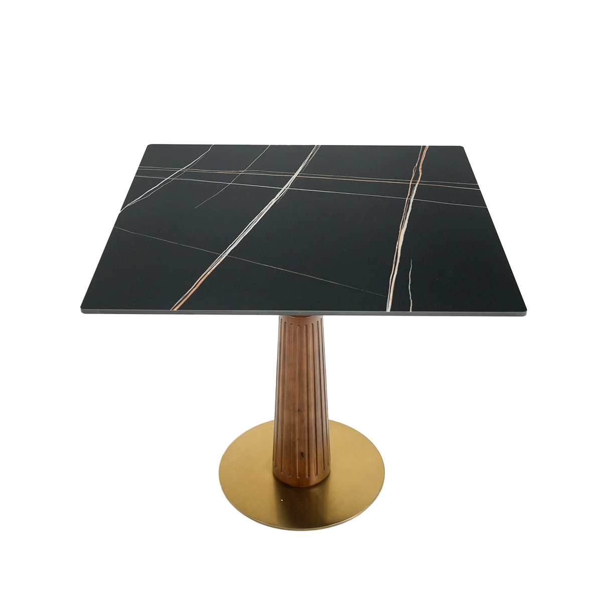 Mesa de bistró Nero de piedra sinterizada | Cuadrada negra de 86 cm con base de madera