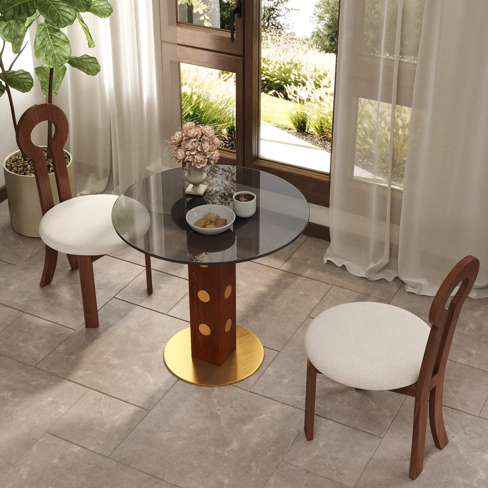 Mesa de bistró Oro Glass | Redonda gris de 86 cm con base de madera