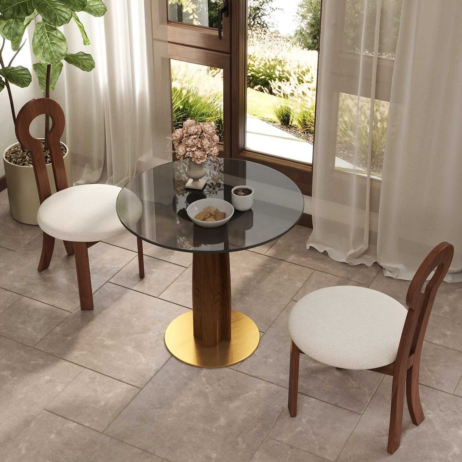 Mesa de bistró Oro Glass | Redonda gris de 86 cm con base de madera