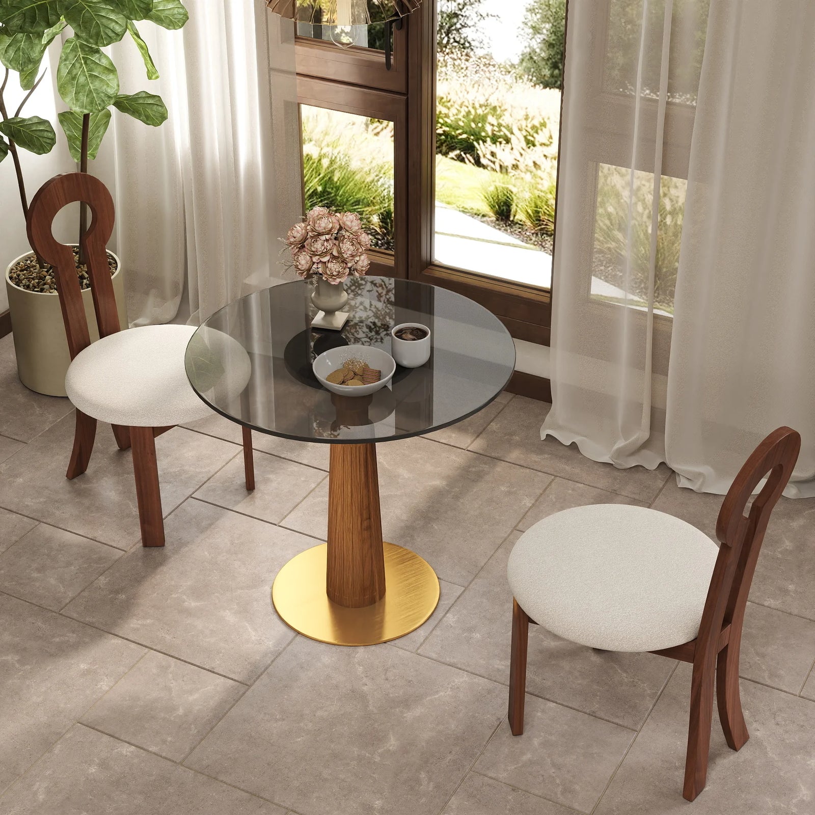 Mesa de bistró Oro Glass | Redonda gris de 86 cm con base de madera