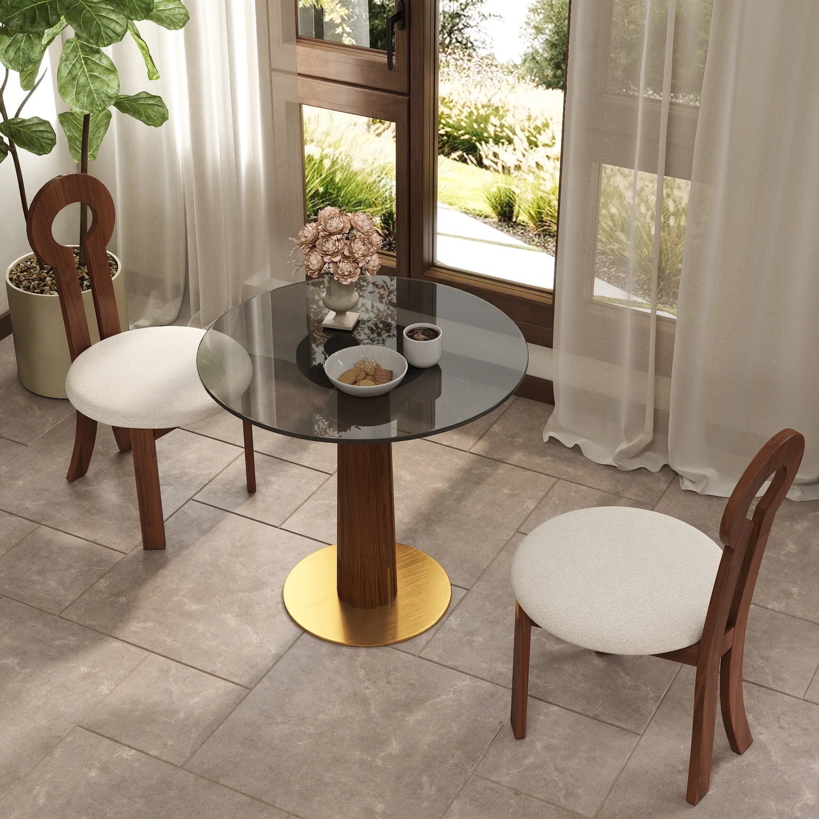 Mesa de bistró Oro Glass | Redonda gris de 86 cm con base de madera