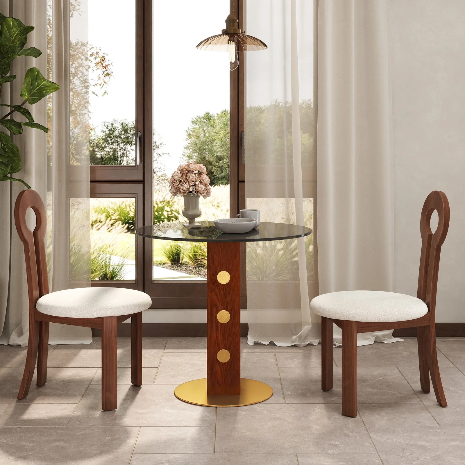 Mesa de bistró Oro Glass | Redonda gris de 86 cm con base de madera