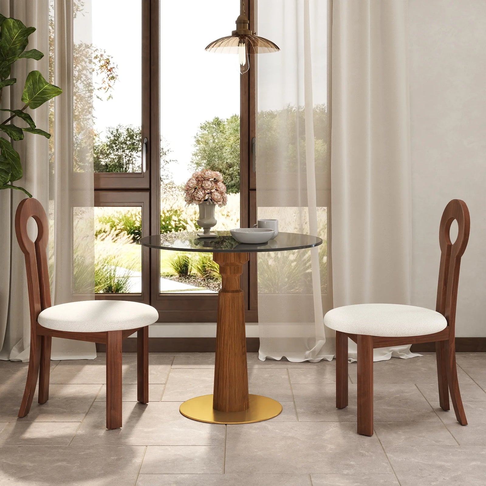 Mesa de bistró Oro Glass | Redonda gris de 86 cm con base de madera