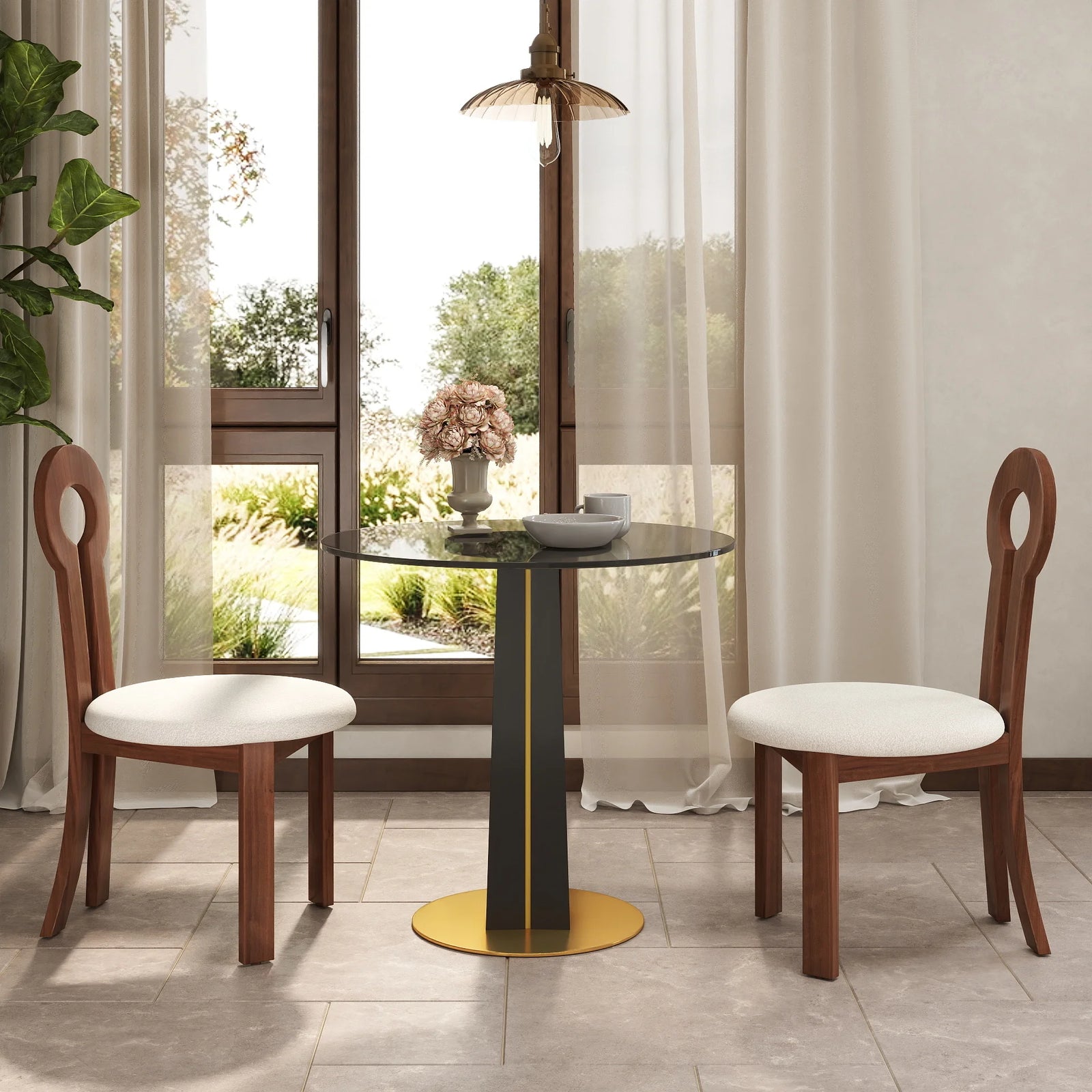 Mesa de bistró Oro Glass | Redonda gris de 86 cm con base de madera