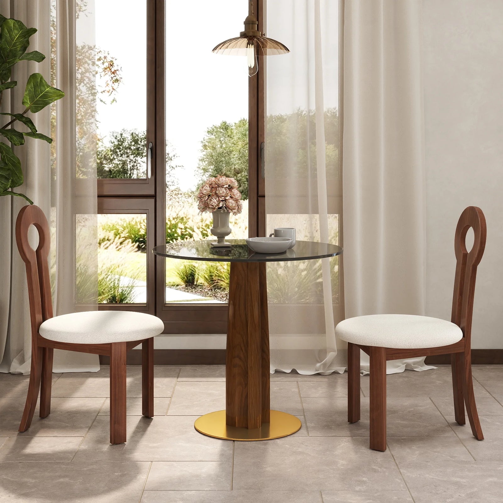 Mesa de bistró Oro Glass | Redonda gris de 86 cm con base de madera