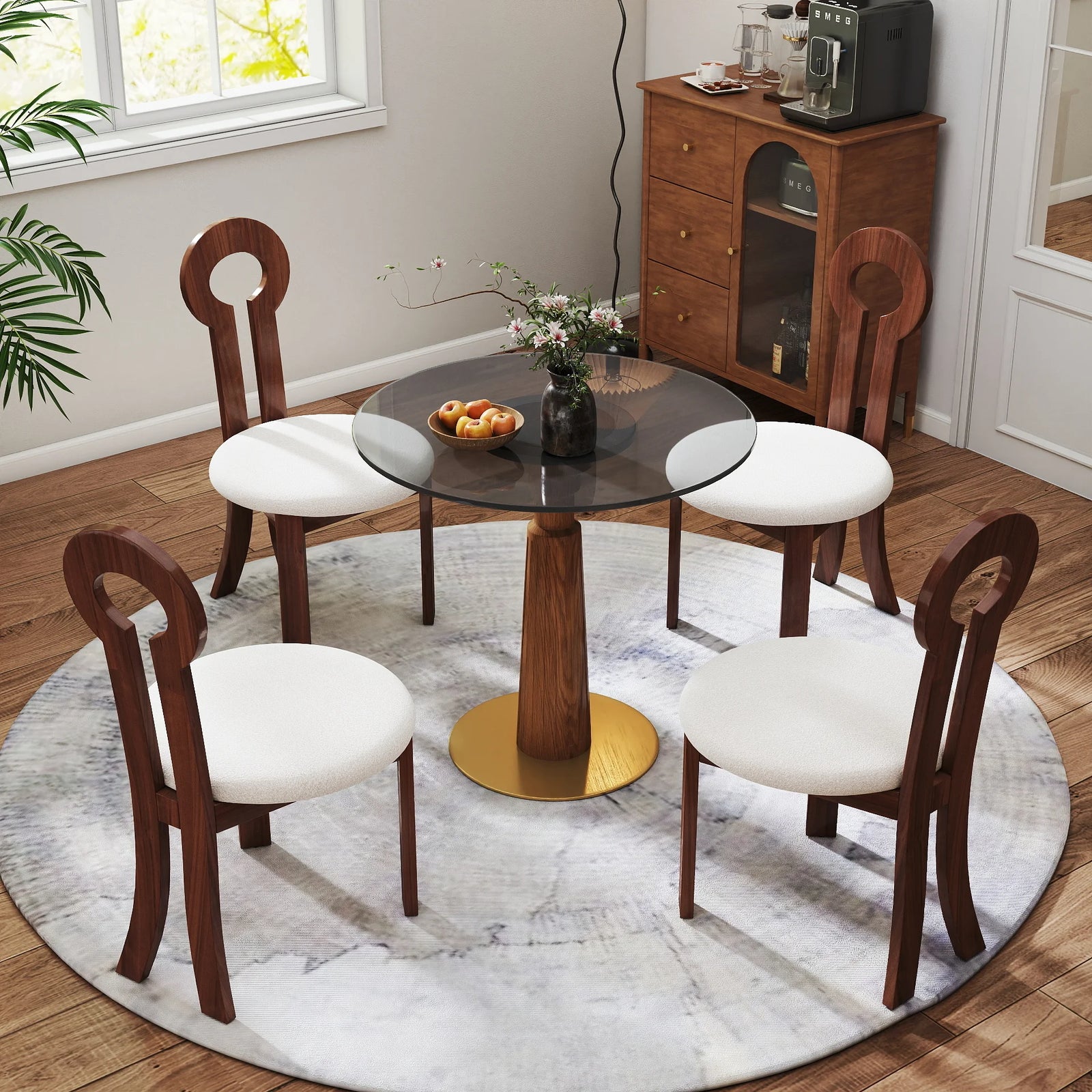 Mesa de bistró Oro Glass | Redonda gris de 86 cm con base de madera