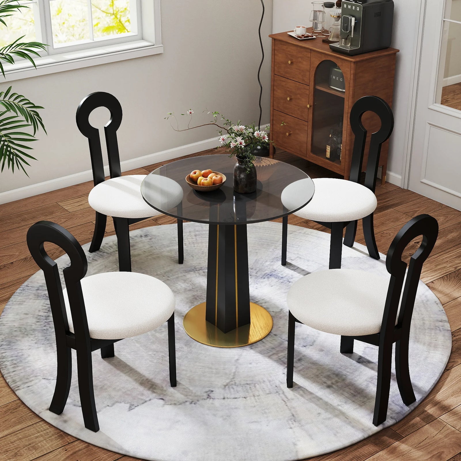Mesa de bistró Oro Glass | Redonda gris de 86 cm con base de madera