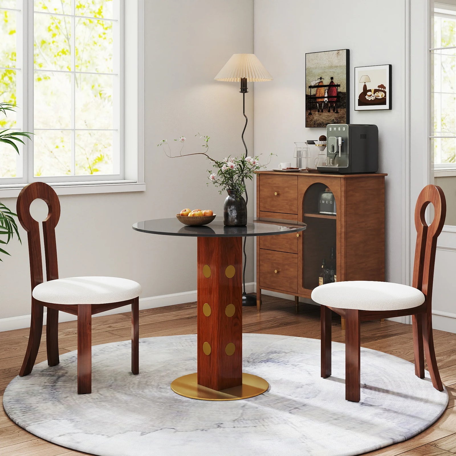 Mesa de bistró Oro Glass | Redonda gris de 86 cm con base de madera