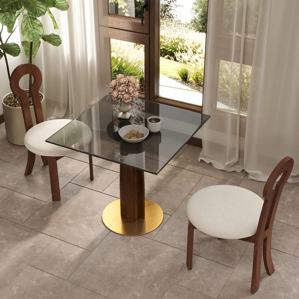 Mesa de bistró Oro Glass | Cuadrada gris de 86 cm con base de madera