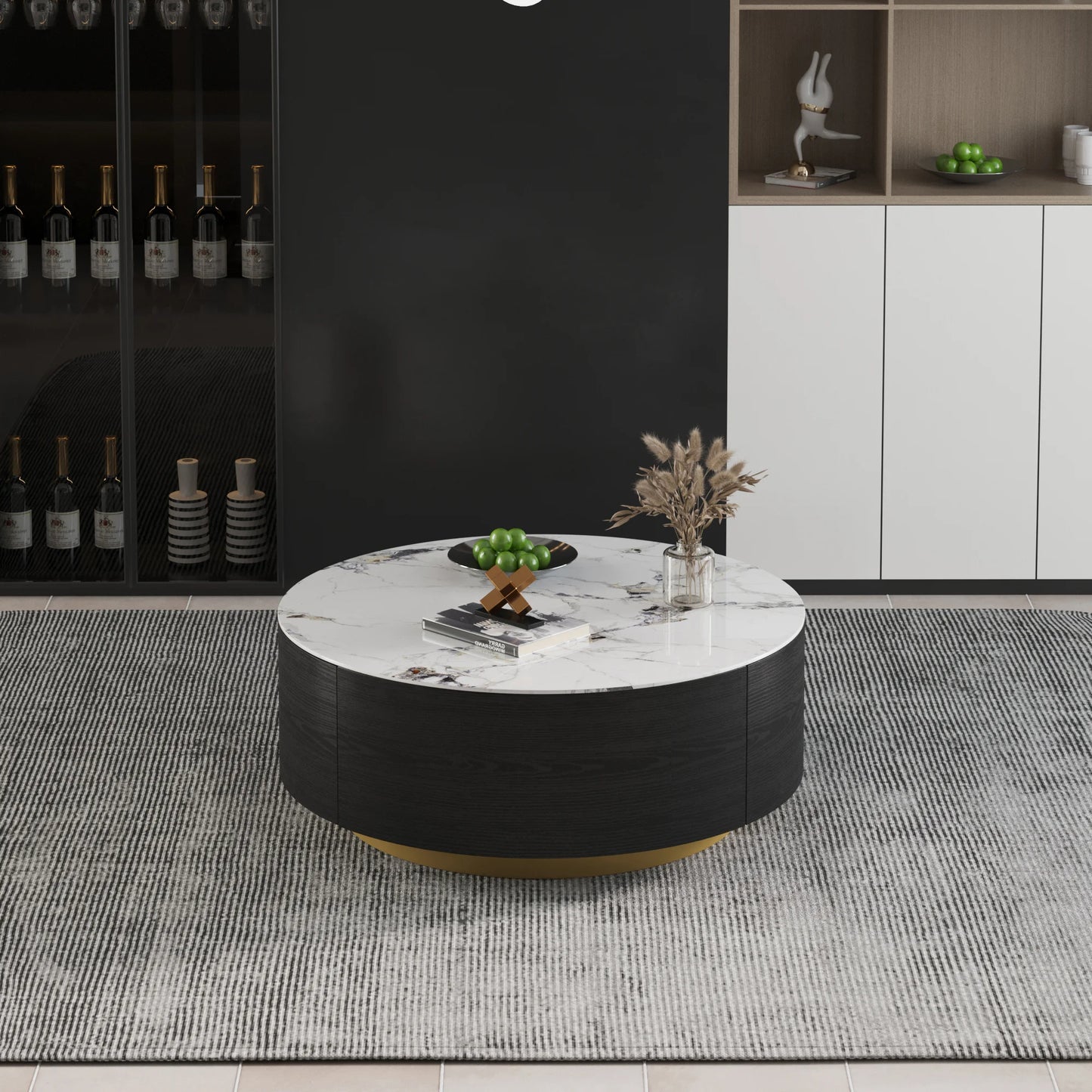 Aero Sintered Stone Coffee Table | 34" Monochrome Round With 2 Drawers