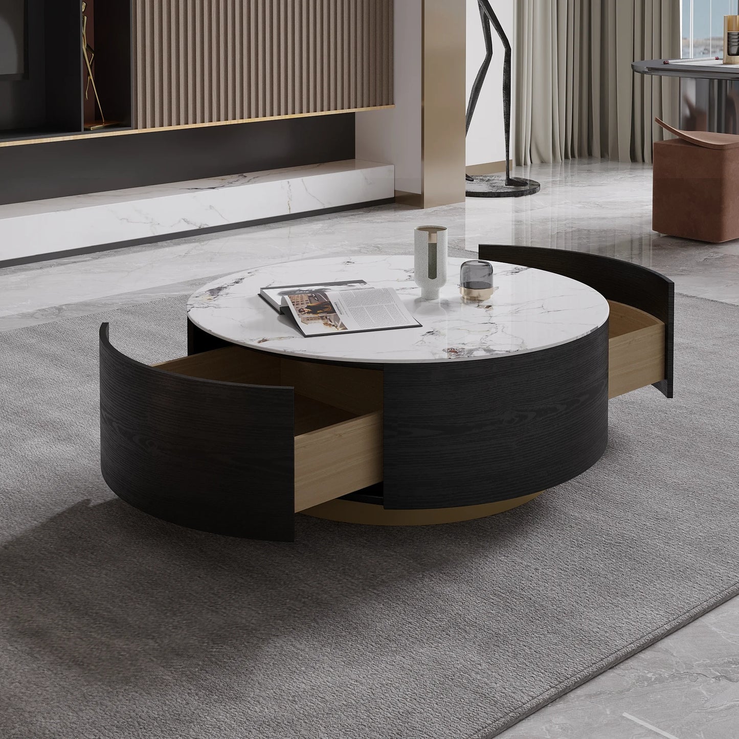 Aero Sintered Stone Coffee Table | 34" Monochrome Round With 2 Drawers